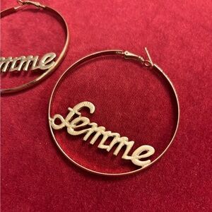 “Femme” Slogan Gold Metal Statement Hoop Earrings